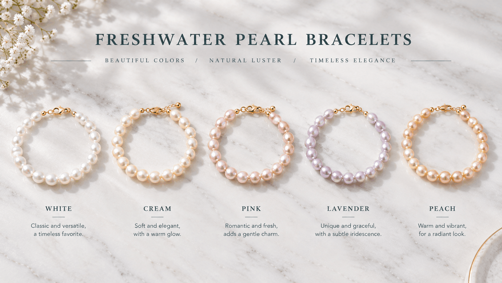 02. Cores de pulseiras de pérolas de água doce — Uma gama mais ampla do que esperaria