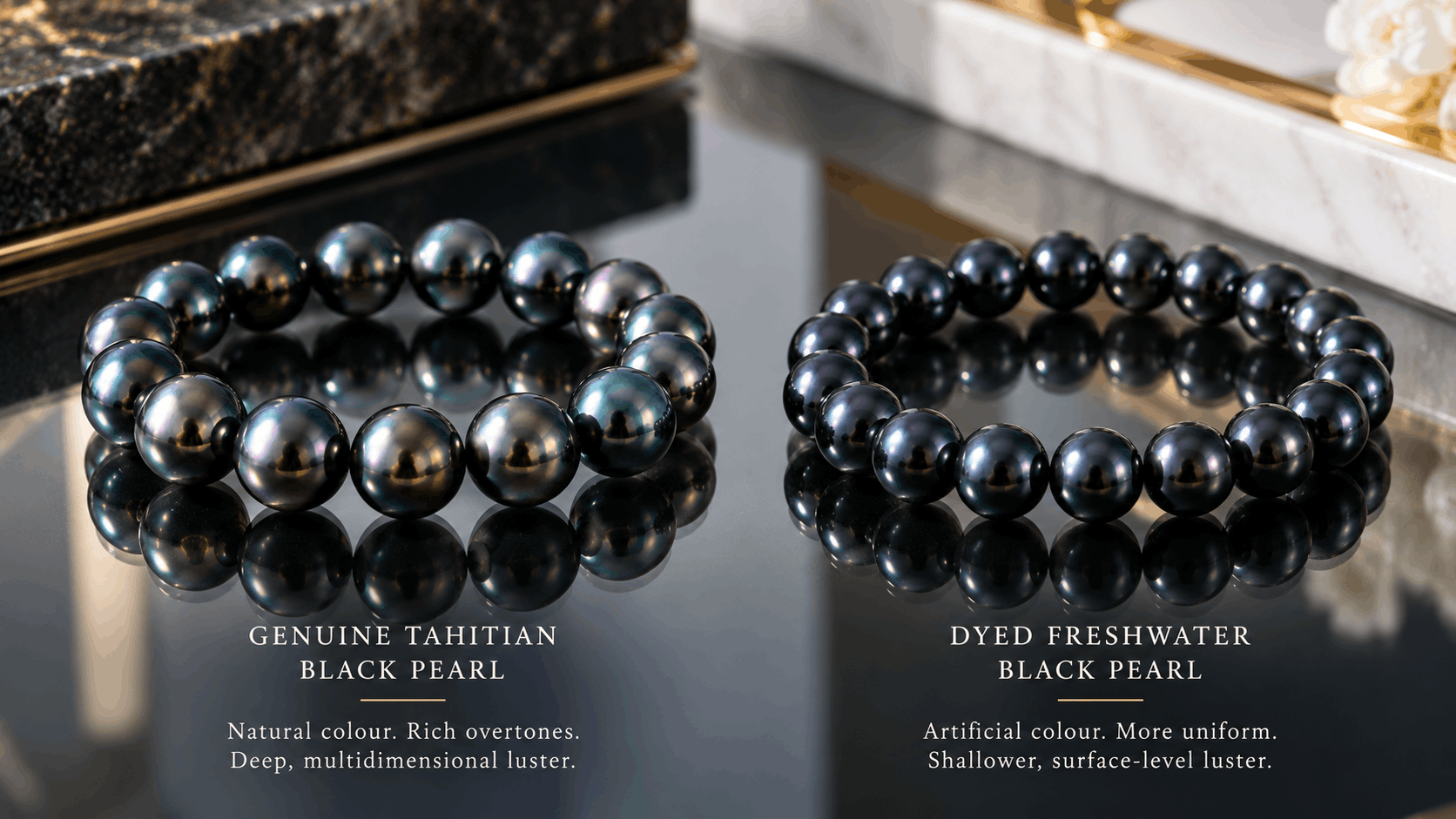 04. Pulseiras de pérolas negras naturais vs tingidas