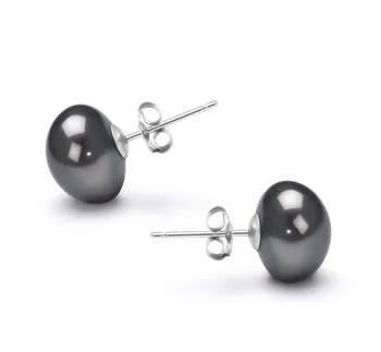 9-10mm Água doce Conjunto de brincos em Tingido de preto
